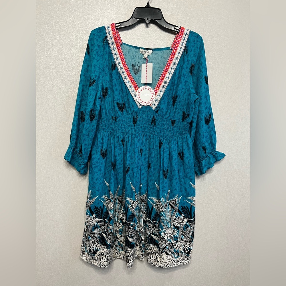 Umgee Teal Dress Leaf Embroidery Design V neck Tunic Western Cowgirl Rodeo Sz Sm
